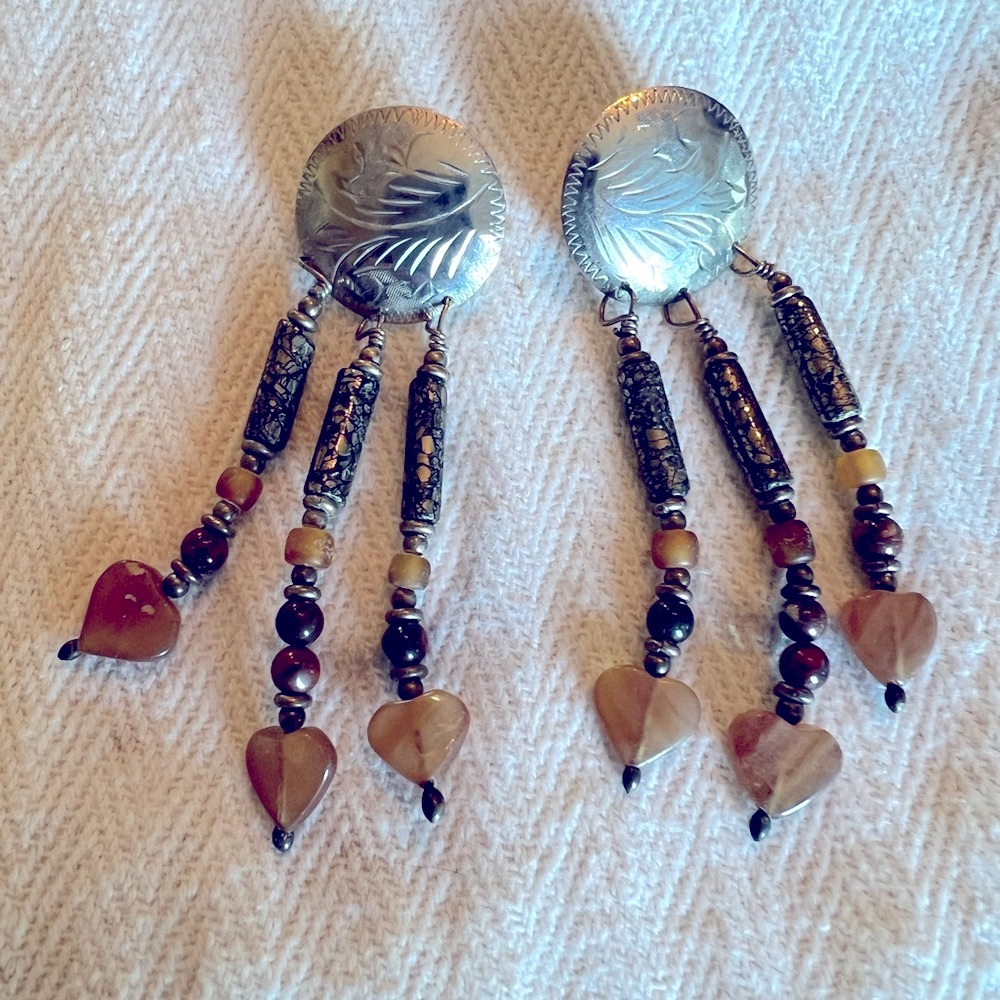 Silver and Brown Shell Dangle Earrings with Amber Accents